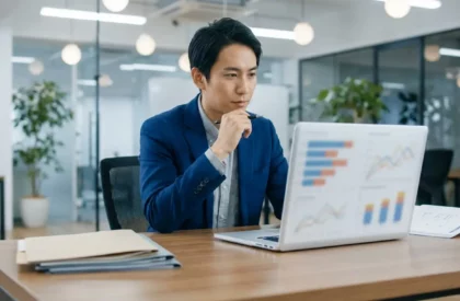 Analyse de données sur l'absentéisme en entreprise Un homme d'affaires analyse des graphiques et des données sur un ordinateur portable, avec des dossiers à côté, dans un bureau moderne.