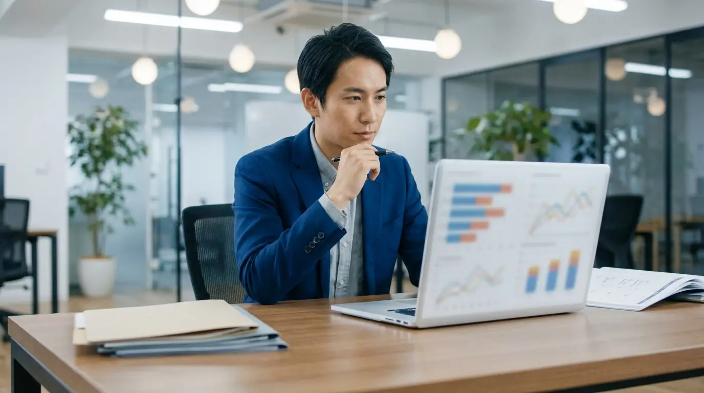 Un homme d'affaires analyse des graphiques et des données sur un ordinateur portable, avec des dossiers à côté, dans un bureau moderne.