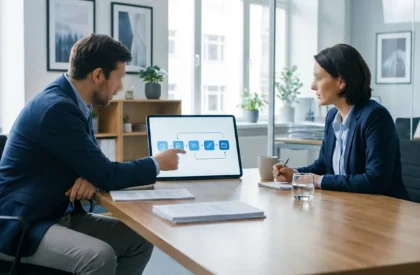 Deux professionnels en réunion, l'homme explique un diagramme de flux de travail sur une tablette à une femme qui prend des notes.