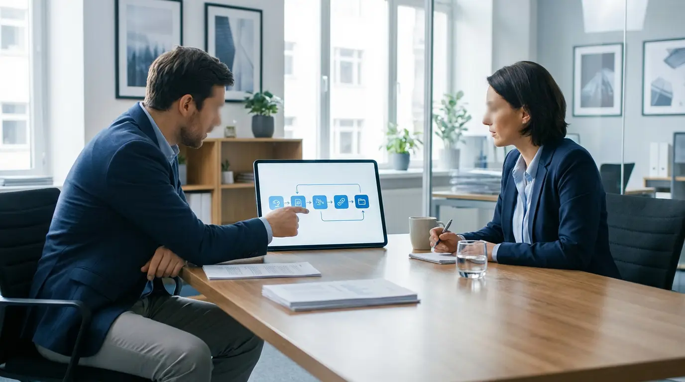 Deux professionnels en réunion, l'homme explique un diagramme de flux de travail sur une tablette à une femme qui prend des notes.