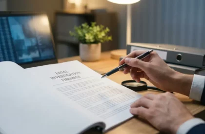 Examen d'un rapport d'enquête juridique Mains lisant un rapport juridique intitulé "LEGAL INVESTIGATION FINDINGS" sur un bureau, avec un ordinateur et des dossiers en arrière-plan.