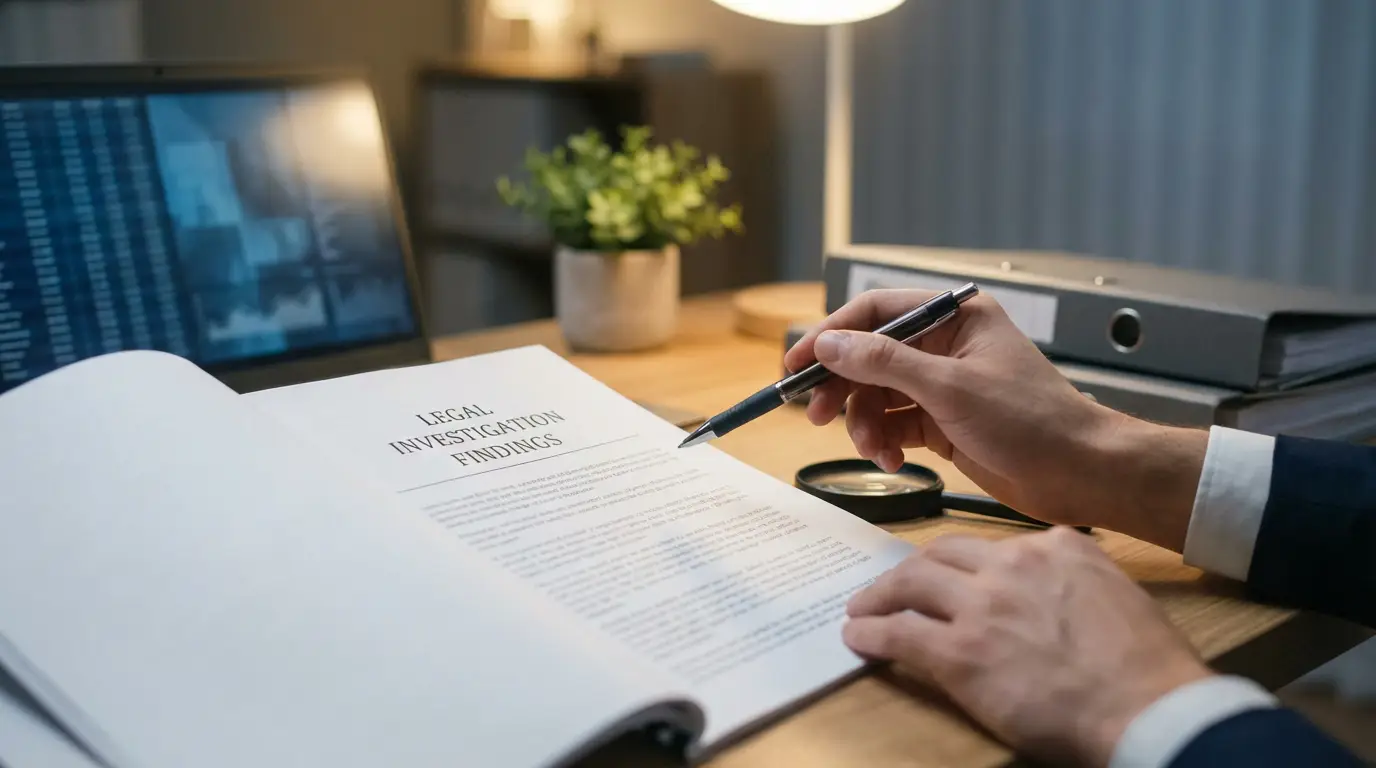 Mains lisant un rapport juridique intitulé "LEGAL INVESTIGATION FINDINGS" sur un bureau, avec un ordinateur et des dossiers en arrière-plan.