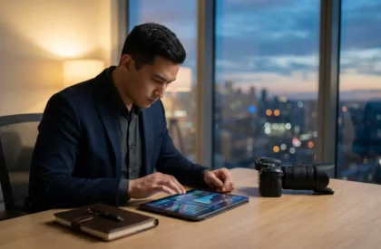 Homme en costume analysant des données sur tablette, caméra et carnet sur un bureau, ville au crépuscule en arrière-plan.