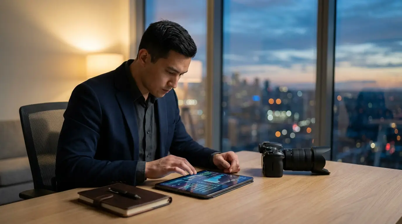 Homme en costume analysant des données sur tablette, caméra et carnet sur un bureau, ville au crépuscule en arrière-plan.