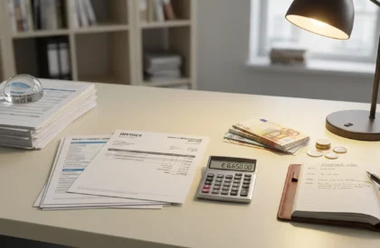 Coût d'une enquête d'infidélité : tarifs et preuves Bureau d'enquêteur avec facture de 6 650€, billets et journal de preuves sous une lampe.