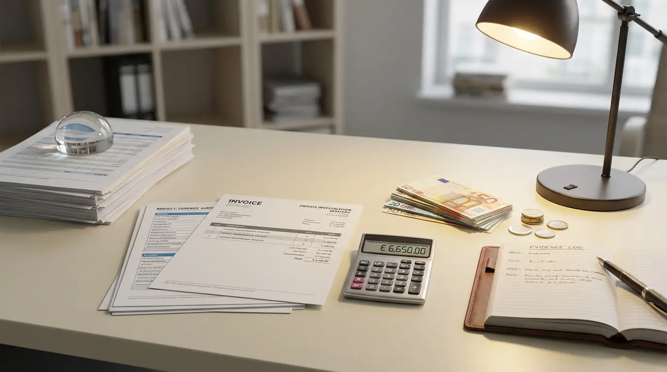 Bureau d'enquêteur avec facture de 6 650€, billets et journal de preuves sous une lampe.