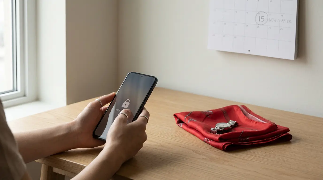 Mains tenant un smartphone verrouillé sur une table en bois. Un calendrier avec "NEW CHAPTER" et un foulard rouge sont à côté.