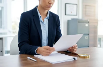 Analyse de preuves pour décisions RH sécurisées Personne en costume lisant des documents à un bureau avec loupe et dossiers, reflétant une enquête RH approfondie.