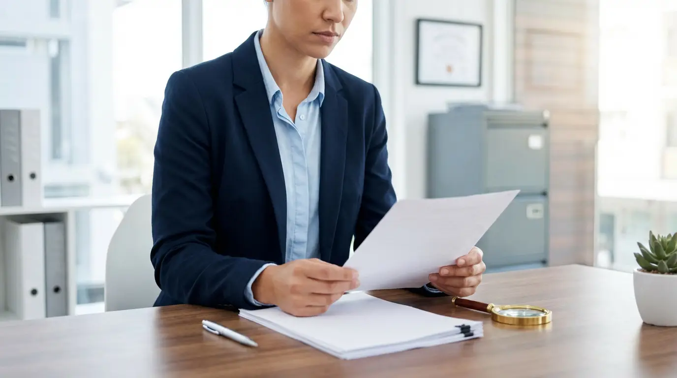 Personne en costume lisant des documents à un bureau avec loupe et dossiers, reflétant une enquête RH approfondie.