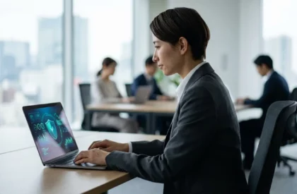 Une personne travaille sur un ordinateur portable affichant des icônes de cybersécurité dans un bureau moderne et lumineux.