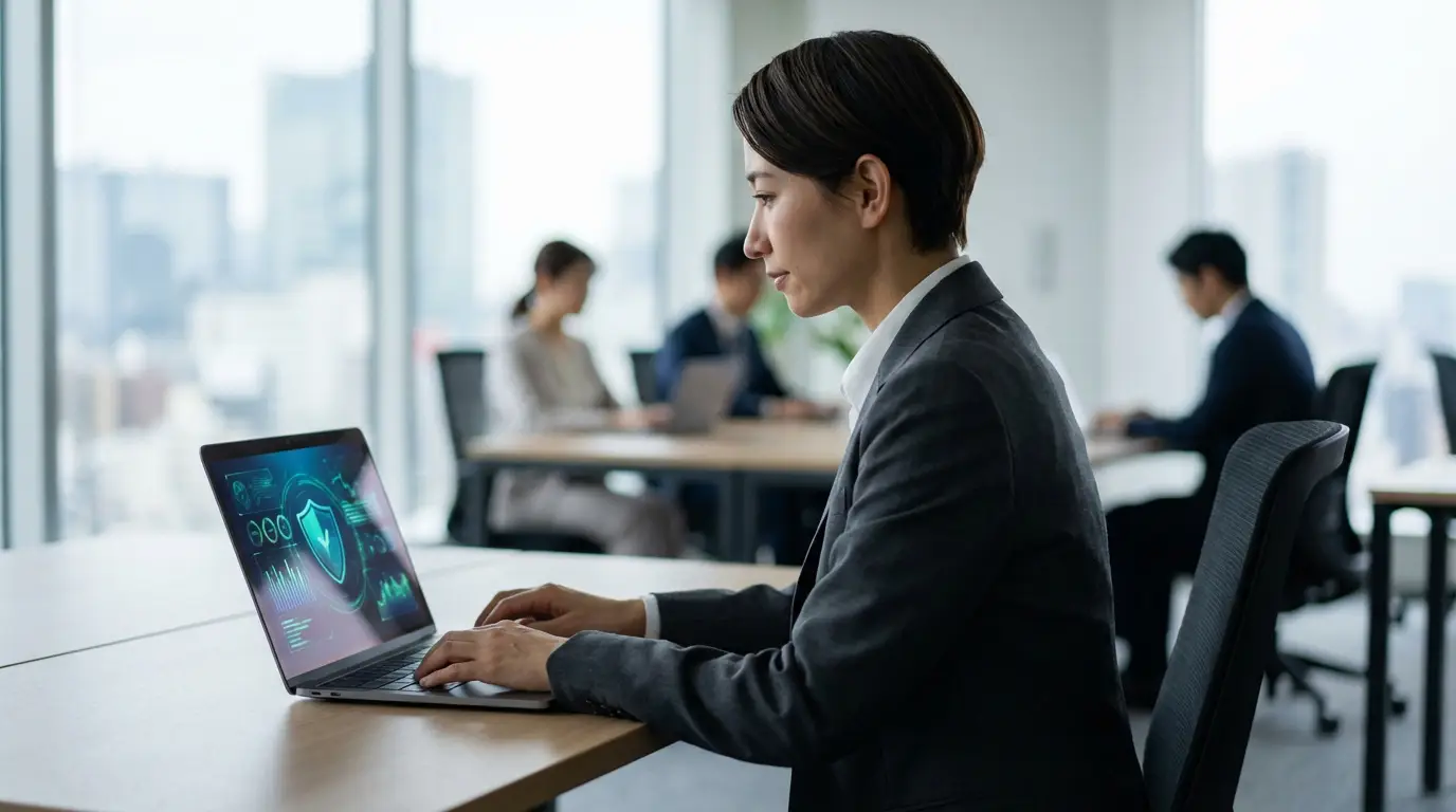 Une personne travaille sur un ordinateur portable affichant des icônes de cybersécurité dans un bureau moderne et lumineux.