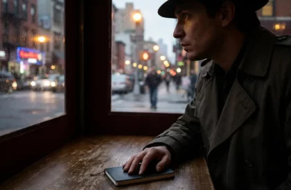 L'attente du détective : filature urbaine Homme en trench-coat et chapeau, main sur un carnet, observant une rue urbaine animée depuis une fenêtre, ambiance sombre.