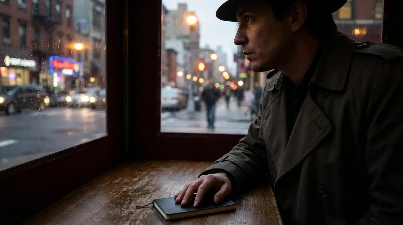 Homme en trench-coat et chapeau, main sur un carnet, observant une rue urbaine animée depuis une fenêtre, ambiance sombre.