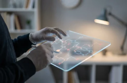 Gros plan sur des mains gantées manipulant une tablette transparente affichant un diagramme complexe avec des chemins et des erreurs marquées.