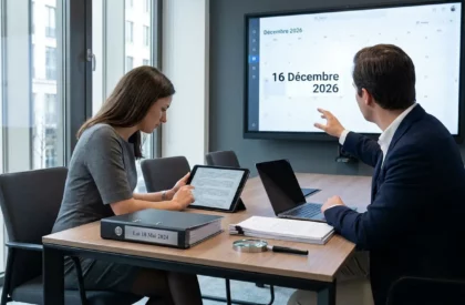 Dirigeants d'entreprise en réunion analysant l'échéance du 16 décembre 2026 imposée par la loi du 18 mai 2024 sur la recherche privée