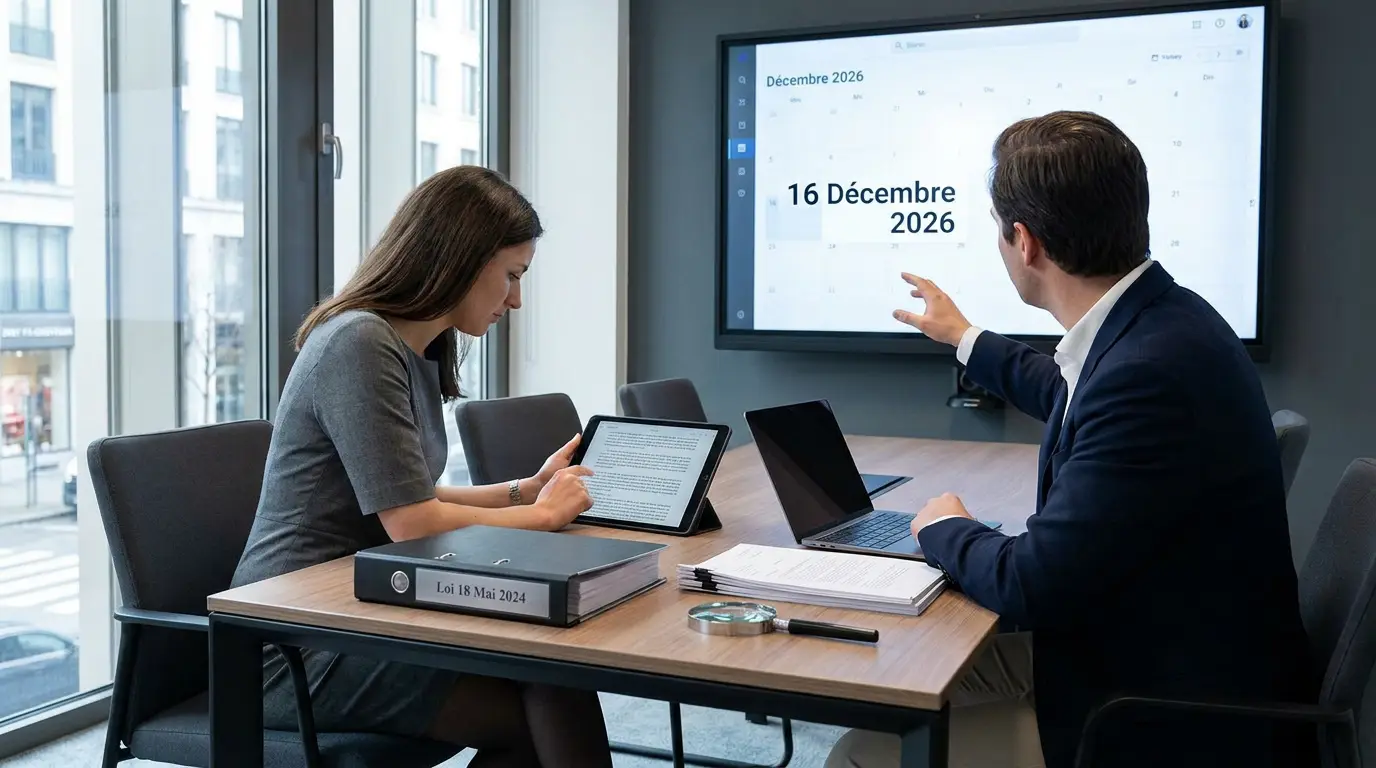 Dirigeants d'entreprise en réunion analysant l'échéance du 16 décembre 2026 imposée par la loi du 18 mai 2024 sur la recherche privée
