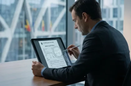 Un professionnel en costume analyse un dossier numérique du SPF Intérieur sur une tablette avec un stylet.