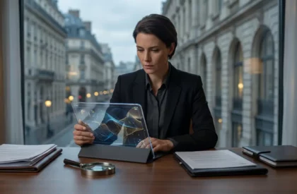 Une détective privée concentrée utilise une tablette holographique futuriste devant une fenêtre avec vue sur la ville.
