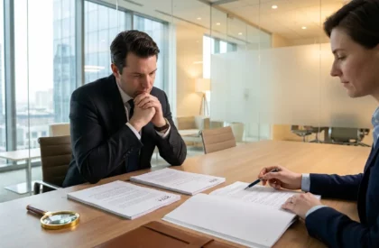 Un homme et une femme en costume analysent des documents juridiques dans un bureau moderne avec une loupe sur la table.